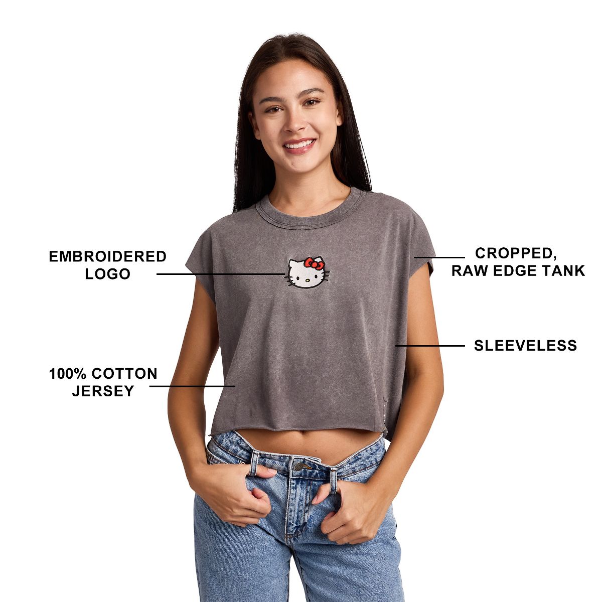 Hello Kitty Embroidered Character Face Women's Black Ram Hem Cropped Tank - thumbnail 5
