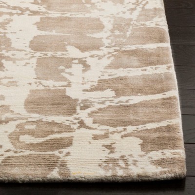 Ivory and Beige Hand-Knotted Wool and Viscose Area Rug, 6' x 9'