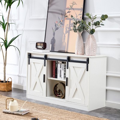 KTMBDW Bar Cabinet with Barn 2 Sliding Doors Buffet Farmhouse Storage Cabinet TV Stand, White