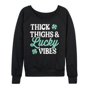 Women's - Instant Message - Thick Thighs And Lucky Vibes Lightweight French Terry Wide Neck Long Sleeve Graphic Shirt - 1 of 4