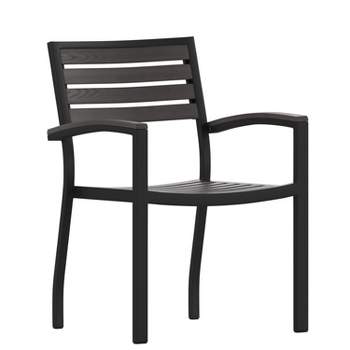 Merrick Lane Set of Two Aluminum Stacking Chairs with Faux Teak Slatted Back and Seat and Faux Teak Accented Arms