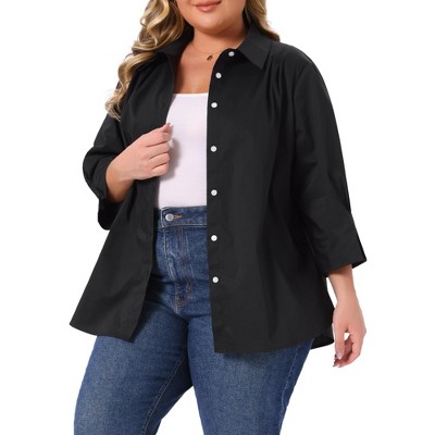 Agnes Orinda Women's Plus Size Lapel 3/4 Sleeve Pleated Solid Business Button Down Shirts