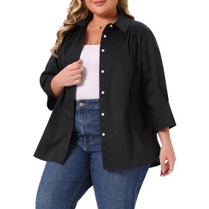 Women's Plus Size Lapel 3/4 Sleeve Pleated Solid Business Button Down Shirts - Agnes Orinda 1X Black - 1 of 4