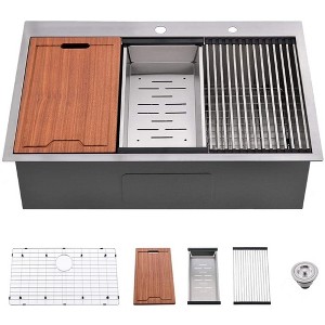 JUJABU Drop-In Stainless Steel Kitchen Sink with Accessories (Pack of 5) -33"x22"x10" - 1 of 4