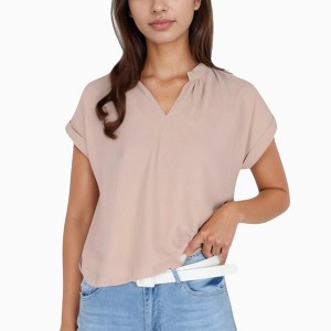 Anna-Kaci Women's V-Neck Short Sleeve Blouse with Rolled Cuffs and Soft Pleated Collar Detail - 1 of 4
