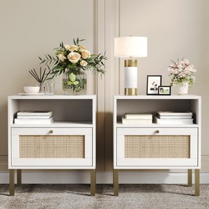 Angel Sar Natural Rattan Nightstands Set of 2, Accent End Table, Boho Bedside Table with 1 Hand Made Decorated Door for Living Room, Bedroom, White - 1 of 4