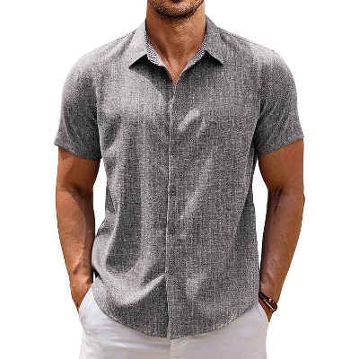COOFANDY Mens Linen Shirt Short Sleeve Button Down Shirts Casual Plaid Collar Summer Beach Shirts
