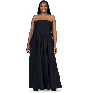 24seven Comfort Apparel Plus Size Pleated A Line Strapless Maxi Dress With Pockets - 1 of 4