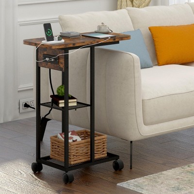 End Table with Charging Station, Sofa Table with USB Ports & Outlets, Rustic Bed Table for Living Room Bedroom Small Spaces, Easy Assembly