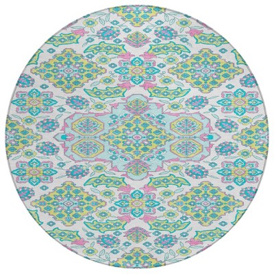 HomeRoots 8' White Teal Blue And Pink Round Medallion Washable Indoor Outdoor Area Rug
