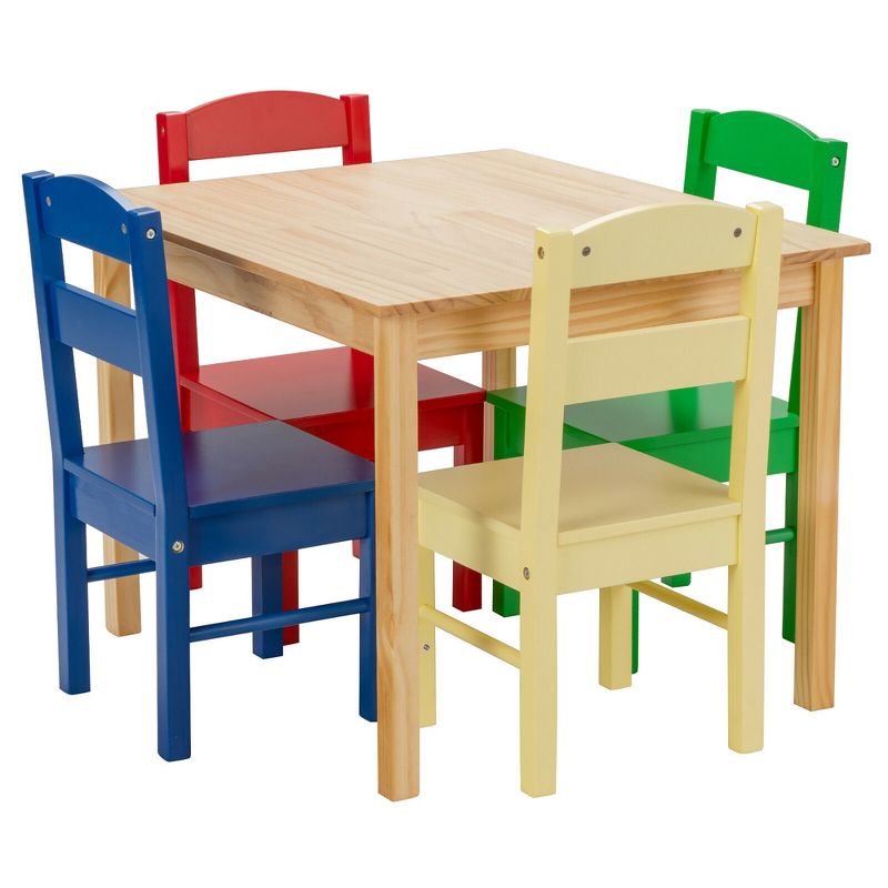 Costway Kids 5 Piece Table Chair Set Pine Wood Multicolor Children Play Room Furniture, 1 of 11