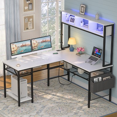 Aheaplus Corner L Desk with Hutch, Reversible Computer Table with LED Light and Charging Station