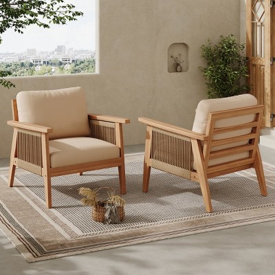 Set of 2 Outdoor Acacia Wood Arm Chairs with Rope Sides and Cushions, Modern Patio Lounge Seating for Porch, Balcony or Garden-Maison Boucle
