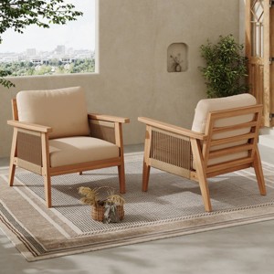 Set of 2 Outdoor Acacia Wood Arm Chairs with Rope Sides and Cushions, Modern Patio Lounge Seating for Porch, Balcony or Garden-Maison Boucle - 1 of 4