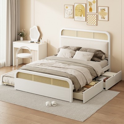 Queen Size Wooden Platform Bed with Trundle and 2 Drawers, Rattan Accents Bed 4S - ModernLuxe