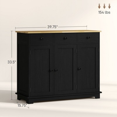 Homcom Kitchen Storage Cabinet, Sideboard Floor Cupboard with Solid Wood Top, Adjustable Shelf, and 3 Drawers for Living Room, Distressed Black — фото 3