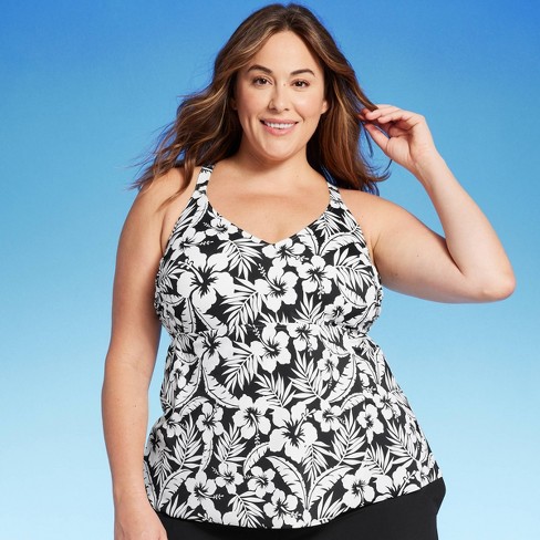 Lands' End Women's Upf 50 Floral Print Tulip Hem Tankini Top - Black/white  3x : Target