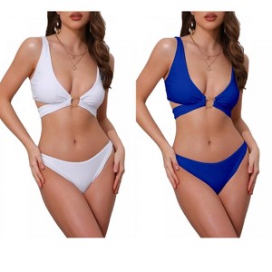 INSPIRE CHIC Women's Wide Strap O Ring Deep V Neck Tie Back Strappy Top Triangle Bottom Swimwear Bikini Suits 2 Sets - 1 of 4