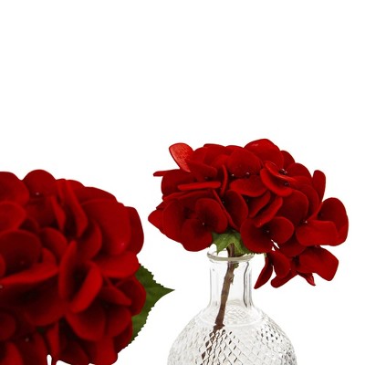 Red Hydrangea and Peony Centerpiece Set in Glass Vases