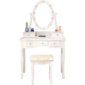 Vanity Desk, Girls Vanity Set with Mirror and Stool, Wooden 2 in 1 Princess Makeup Desk Dressing Table , Toddler Vanity Dresser Set with Drawer - 1 of 4