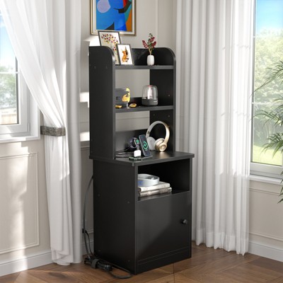 Aheaplus 47" Nightstand with Charging Station and LED Lights, Industrial Bedside End Side Table with Adjustable Bookshelf Storage Cabinet