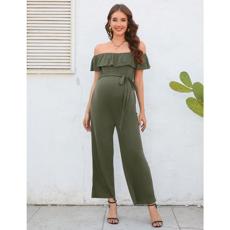 Maternity Jumpsuits Casual Off Shoulder Romper Summer Short Ruffle Sleeves  Belted Wide Leg Jumpsuits, 3 of 7