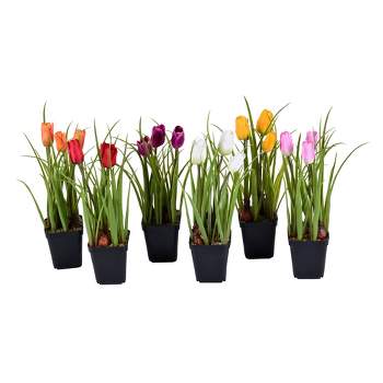 Vickerman 10" Artificial Tulips in Black Plastic Planters Pots, Set of 6.