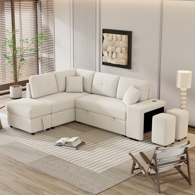 87.7" Convertible Pull Out Sleeper Sofa Bed with Storage Ottoman, 2 Stools, Wireless Charger and USB Ports 4M-ModernLuxe