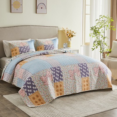 Inhand Microfiber Print Quilt Bedding Set, Flower print Soft Lightweight Coverlet For All Season