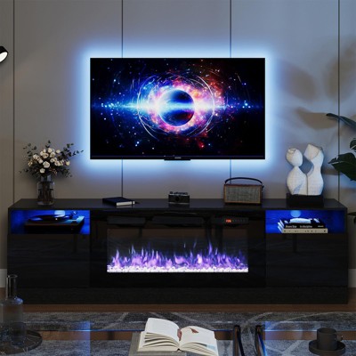 AOXUN 70" Wood Texture Fireplace TV Stand with 36" Electric Fireplace, LED Light Entertainment Center, with Storage Cabinet for TVs Up to 80", Black