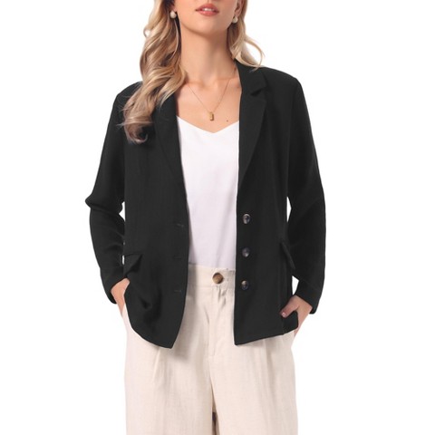 INSPIRE CHIC Women's Linen Notched Collar Long Sleeve Lightweight Business Casual Blazers Medium Black