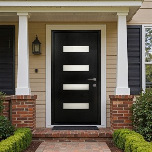 PexFix 36"x80" 4-Lite Exterior Frosted Glass Prehung Front Entry Door Primed Interior Fiberglass Entrance Door Black Left Hand Inswing w/ Vinyl Frame - 1 of 4