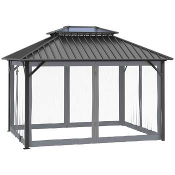 Outsunny 10x12 Hardtop Gazebo with Aluminum Frame, Permanent Metal Roof Gazebo Canopy with Netting for Garden, Patio, Backyard
