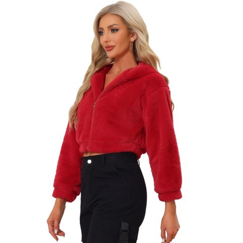 INSPIRE CHIC Women's Casual Hooded Zip Up Long Sleeve Cropped Faux Fur Jacket Red X-Small