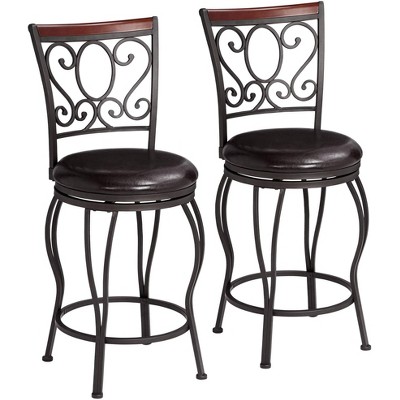 55 Downing Street Metal Swivel Bar Stools Set of 2 Black 24" High Traditional with Backrest Footrest Kitchen Counter Island Home