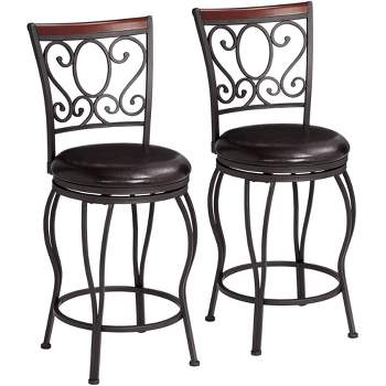 55 Downing Street Alberta Metal Swivel Bar Stools Set of 2 Black 24" High Traditional Brown Faux Leather with Backrest Footrest for Kitchen Counter
