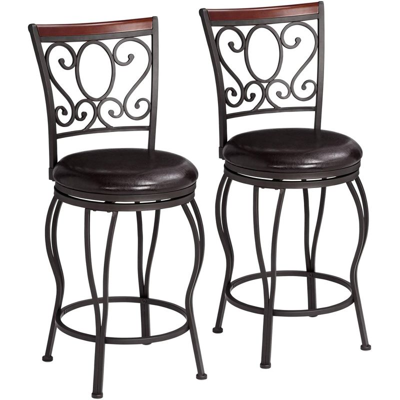 55 Downing Street Alberta Metal Swivel Bar Stools Set of 2 Black 24" High Traditional Brown Faux Leather with Backrest Footrest for Kitchen Counter, 1 of 10
