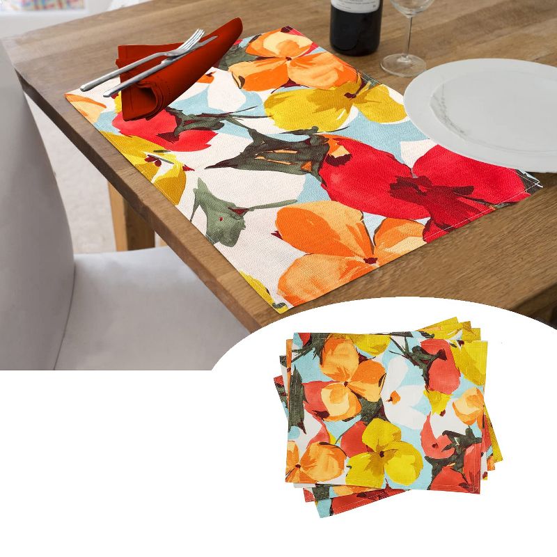 KOVOT Floral Placemat Set of 8 for Indoor or Outdoor Dining | Summer Spring Fall Flower Design 17" x 13" Table Decor | Orange/Yellow, 1 of 5