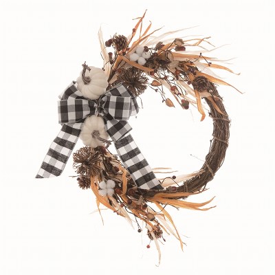 Transpac Floral Multicolor Harvest Twig Pumpkin Checker Bow Wreath