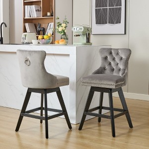 Set of 2 Velvet Bar Stools with Button Tufted Decoration and Wooden Legs, Leisure Swivel Chairs with Chrome Nailhead Trim - ModernLuxe - 1 of 4