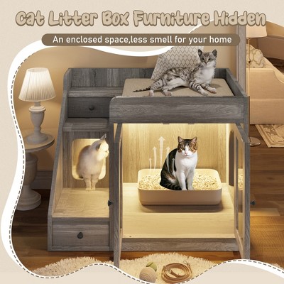 Whisen Hidden Cat Litter Box Enclosure with LED Light - 2 Storage Drawers, Multi-Functional Gray Side Table for Living Room, Discreet Indoor Cat House