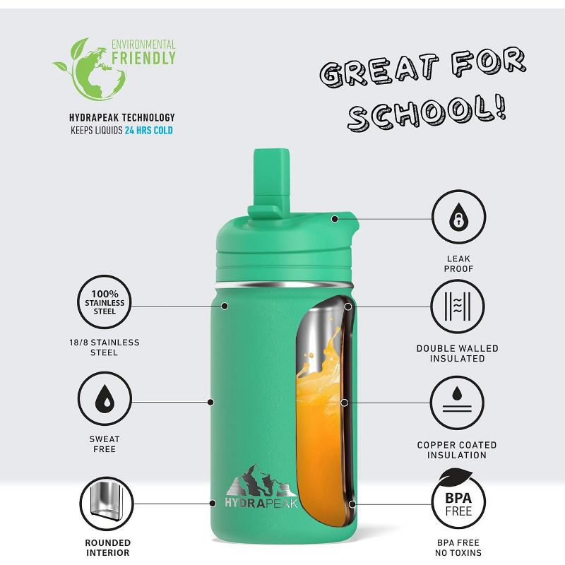 Hydrapeak Mini 14oz Kids Stainless Steel Insulated Water Bottle With Leak Proof Straw Lid, 5 of 10