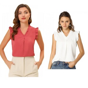 Allegra K Women's Ruffled Sleeveless Work Business Vintage Blouses 2 Packs - 1 of 4