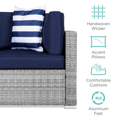Gray and Navy 7-Piece Outdoor Wicker Sectional Set with Cushions