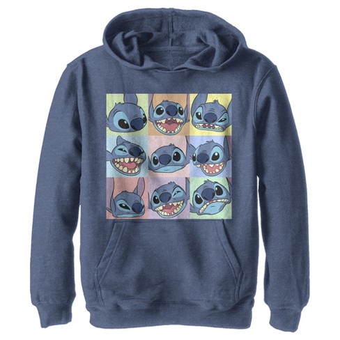 Boy s Lilo Stitch Facial Expressions of Stitch Pull Over Hoodie Navy Blue Heather Large