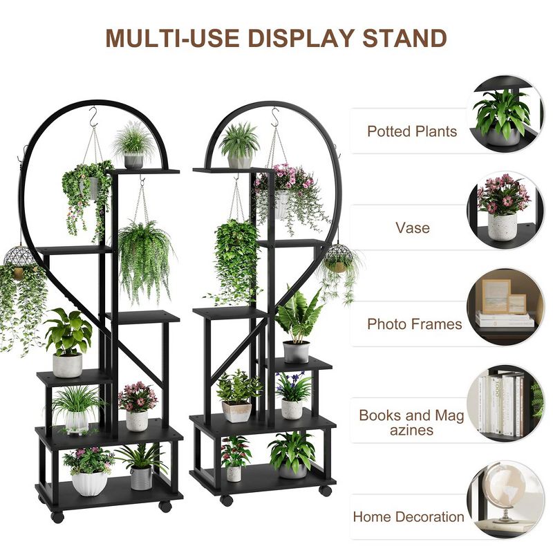 Set of 2 Metal 6-Tier Tall Plant Stands with Detachable Wheels and Drawers, Half Heart Shape Design for Indoor/Outdoor Home, Garden, Patio, Balcony, 5 of 8
