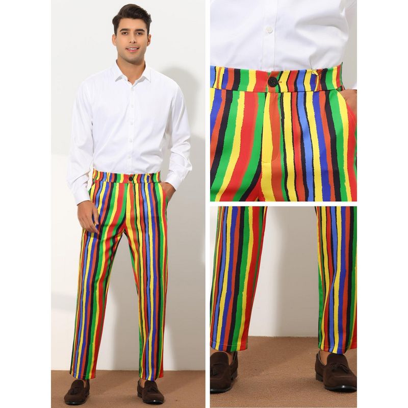 Lars Amadeus Men's Regular Fit Flat Front Color Block Rainbow Striped Trousers, 4 of 6