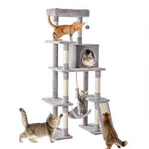Okak Large Multi-Level Faux Fur Cat Tree Tower for Indoor,Cat Climbing Frame with Sisal Grabber Posts & Toy Balls & Hammock - 1 of 1