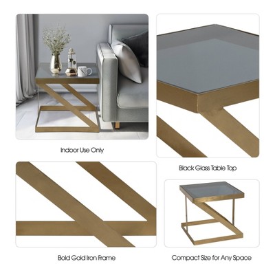 Gold and Black 22" Metal and Glass Square Side Table