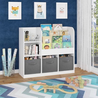 Multifunctional children's shelf with 3 foldable fabric bins + open display space. Ideal toy & book organizer for compact.